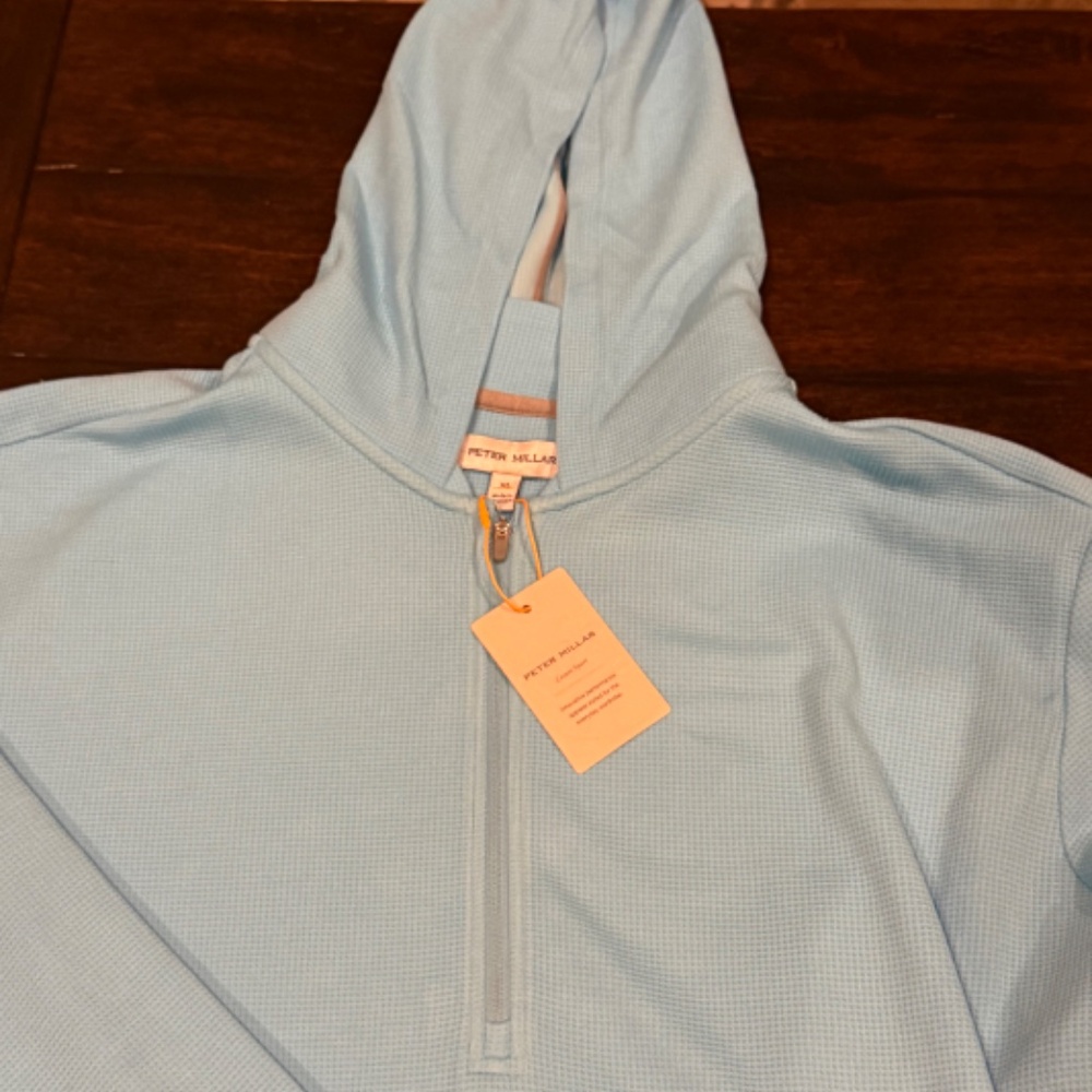 Peter Millar Men's XL Maya Blue Grid Performance Half-Zip Hoodie MSRP $165 - Picture 7 of 10